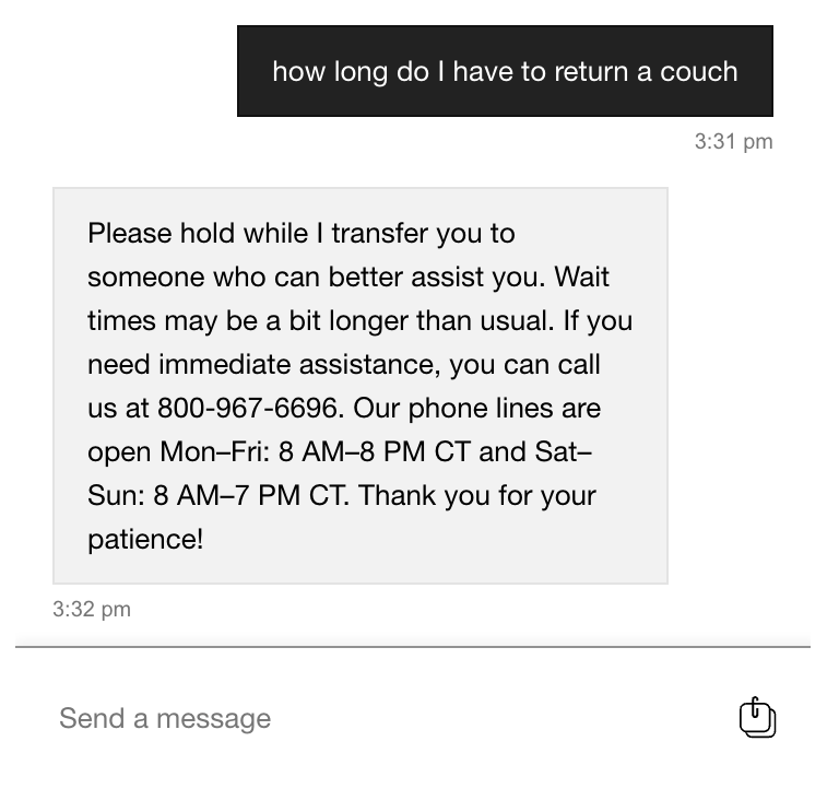 CB2 AI return policy response